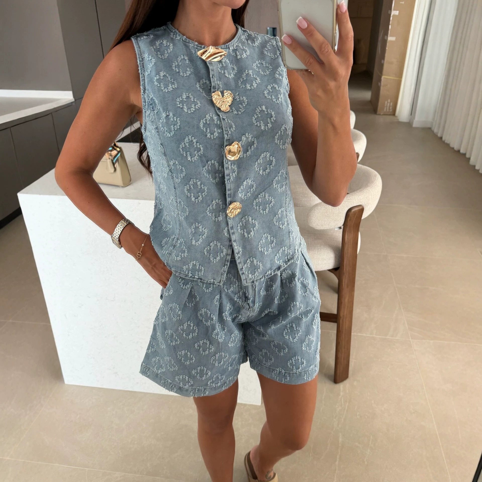 Trendy Denim Vest and Shorts Two-Piece Set