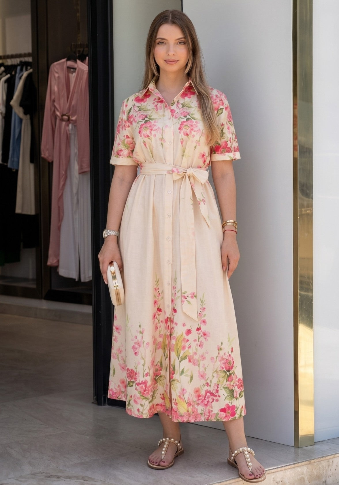 Floral Linen Blend Midi Dress
