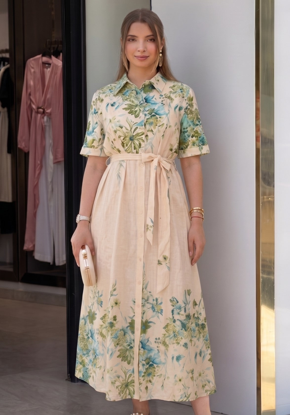 Floral Linen Blend Midi Dress