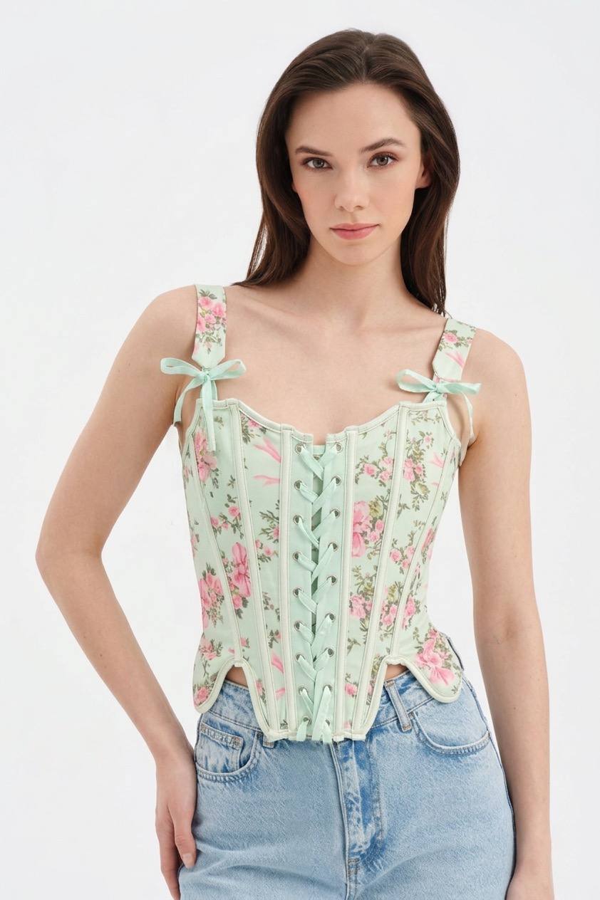 Elegant Floral Lace-Up Corset Top