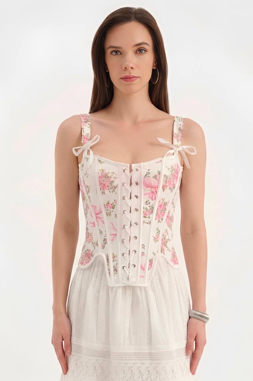 Elegant Floral Lace-Up Corset Top