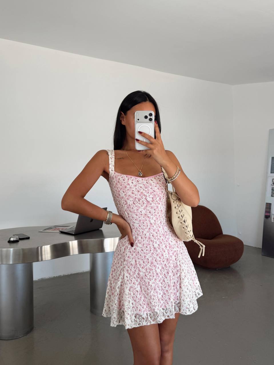 Sweet Pink Floral Lace Mini Dress