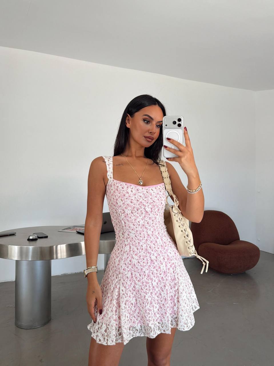 Sweet Pink Floral Lace Mini Dress