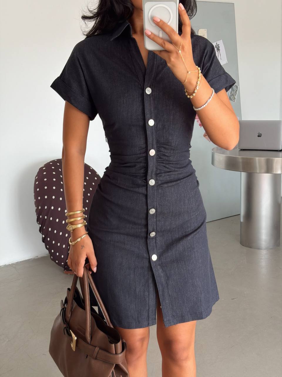 Chic Ruched Button-Down Mini Dress